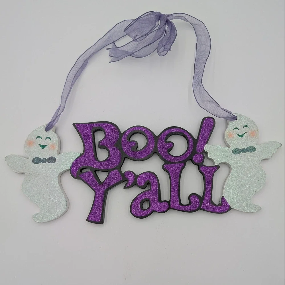 Hobby Lobby Boo Y'all Halloween Ghost Glitter Hanging Sign Purple 17 Inch